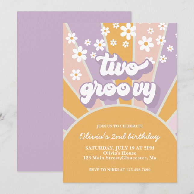 Retro Two Groovy Sunshine daisy lila Inbjudningar (Fram/baksida)