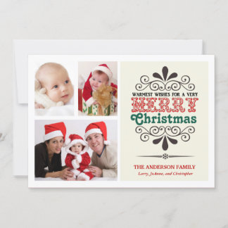 Retro Type Christmas Tri-Photo Flat Card Julkort