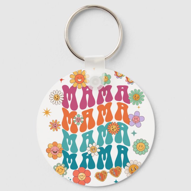 Retro typografi Mama Mama Blommig Glad Smiley Nyckelring (Framsida)