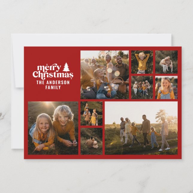 Retro-typografi modern minimal röd multifoto julkort (Framsida)