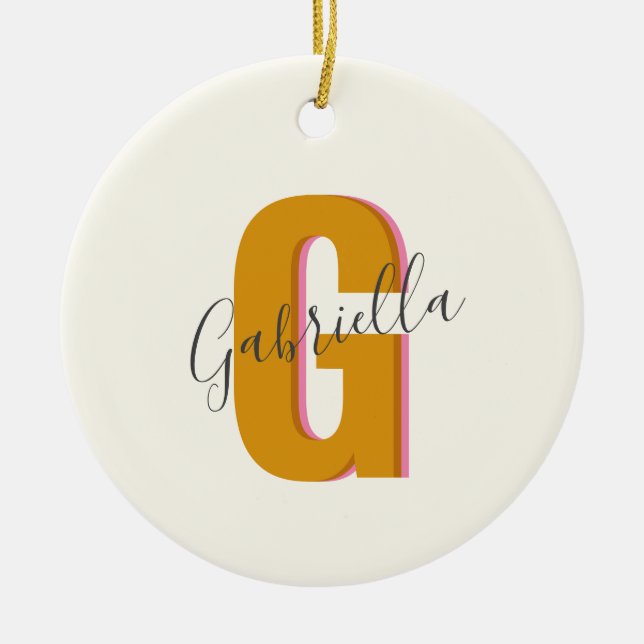 Retro typografi Monogram Initial bokstav i gult Julgransprydnad Keramik (Framsidan)