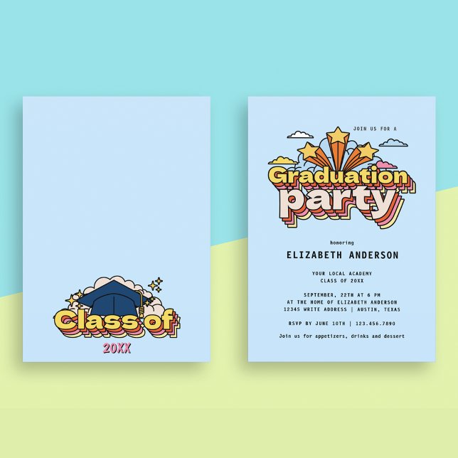 Retro Typography Blue Studenten Colorful Party Inbjudningar (Skapare uppladdad)