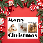 Retro Typography God jul 3 Photo Collage Julkort<br><div class="desc">Den här minimalistiska designen, snyggten och roligten har tre av dina favoritfoton i fyrkantig form, med God jul hälsning i en fetstilt återtypografi och ditt namn i enkel modern typografi. Dess enkla svarta och vita utformning ger en klassisk och vismisk känsla, perfekt för vintersäsongen. Fånga kärnan av december med detta...</div>