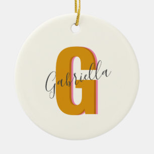 Retro Typography Monogram Initial Namn i Gult Julgransprydnad Keramik