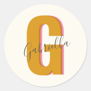Retro Typography Monogram Initial Namn i Gult Runt Klistermärke