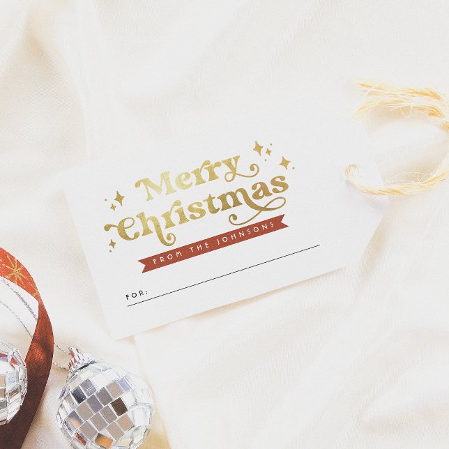 Retro Typography Red & Guld Groovy God jul Presentetikett (Skapare uppladdad)