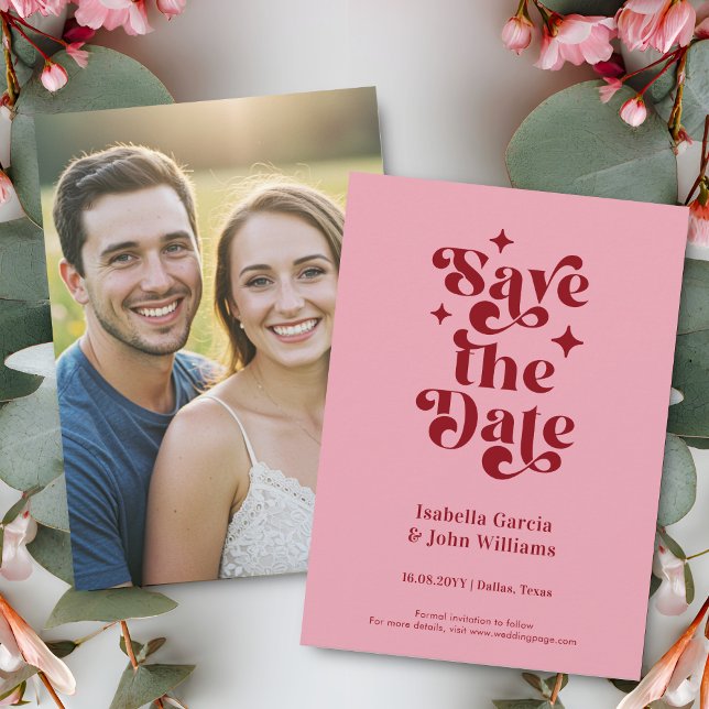 Retro Typography Wedding Save The Date Meddelande (Front and back of a 4.5 x 6.25 inches card is shown. Choose size, corner and paper style.)