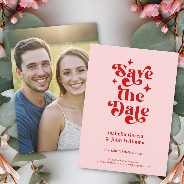 Retro Typography Wedding Save The Date Meddelande (Front and back of a 4.5 x 6.25 inches card is shown. Choose size, corner and paper style.)