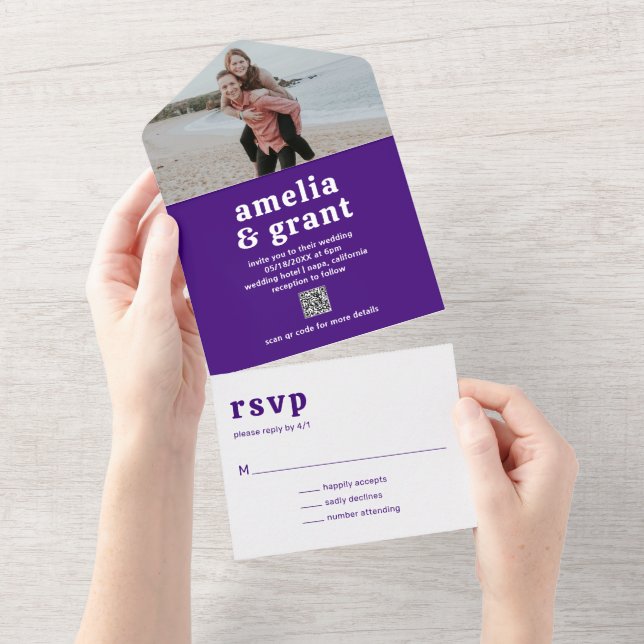 Retro typsnitt Lila QR-kod Foto Modern Bröllop (Avrivbar del)