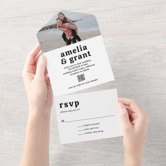 Retro typsnitt Svart-vit QR-kod Foto Bröllop (Avrivbar del)