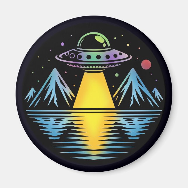 Retro UFO i de berg som reflekterar i Vatten Magnet (Framsidan)