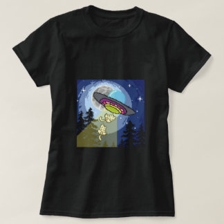Retro UFO Kattbortförande T-Shirt | Rolig Pixelkon