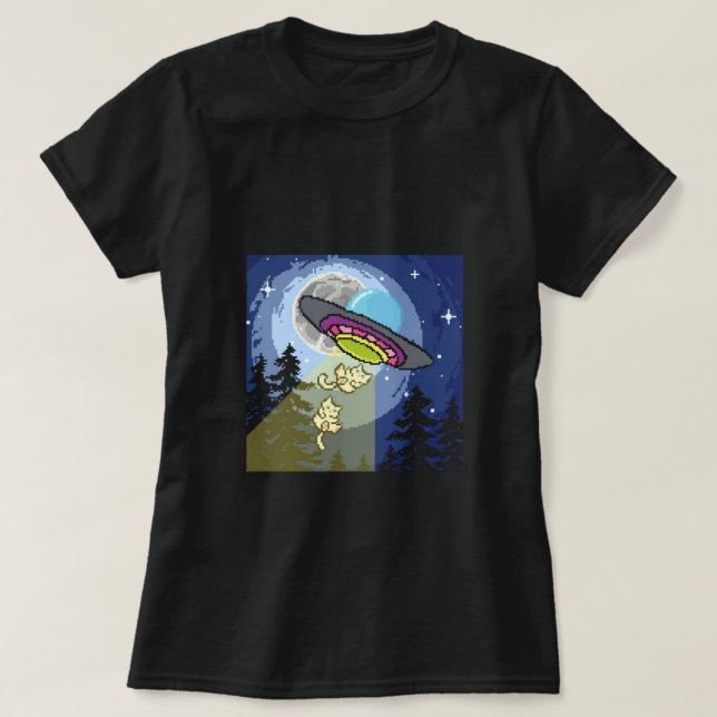 Retro UFO Kattbortförande T-Shirt | Rolig Pixelkon (Design framsida)
