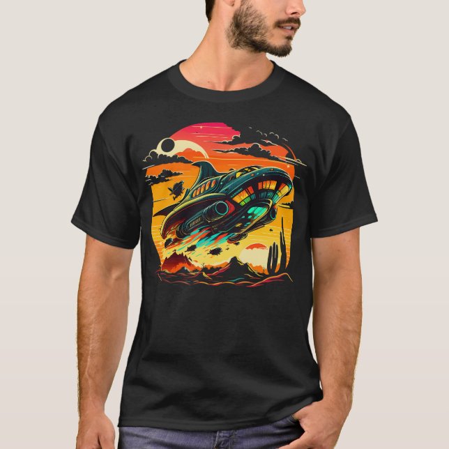 Retro Ufo-mötes - Majestic Spaceship Soaring O T Shirt (Framsida)