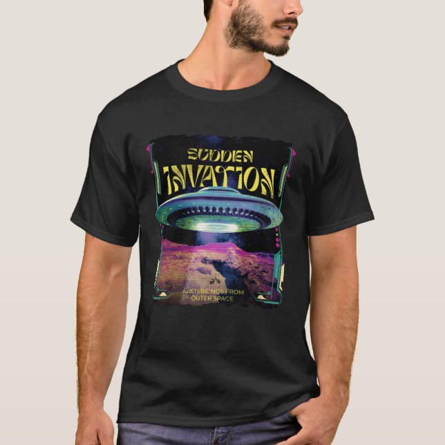 Retro UFO-utrymmeskontrakt för UFO och Alien Belie T Shirt (Framsida)