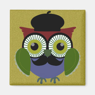 Retro uggla med mustasch magnet