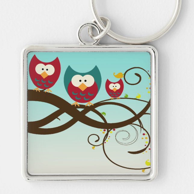 Retro ugglaSwirly gren Keychain Fyrkantig Silverfärgad Nyckelring (Framsidan)