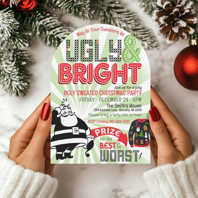 Retro Ugly Sweater jul Party Arch-inbjudan Inbjudningar (Trendy arch shape retro funny ugly Christmas sweater vintage Santa claus Christmas party invitation)