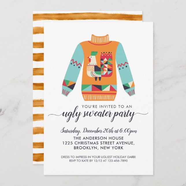 Retro Ugly Sweater Rustic Chicken Party Inbjudningar (Fram/baksida)