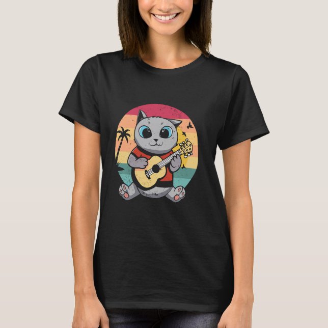 Retro Ukulele Katt T Shirt (Framsida)