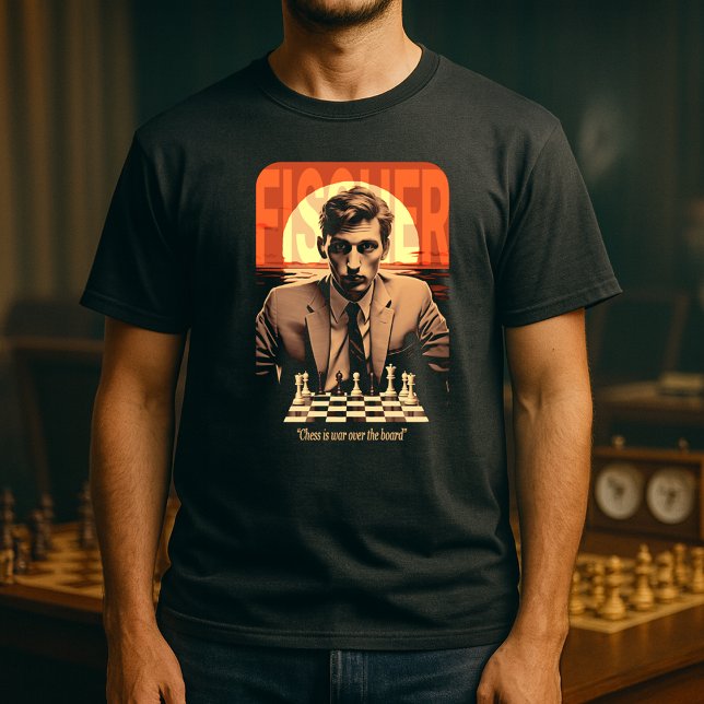 Retro Unge Bobby Fischer "Schack är krig" Citat T Shirt (Retro Young Bobby Fischer "Chess is War over the Board" Black T-Shirt)