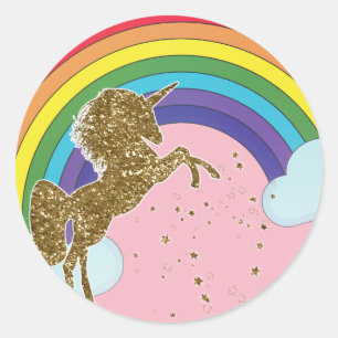 Retro Unicorn Rainbow & Guld Stars Födelsedagsfest Runt Klistermärke