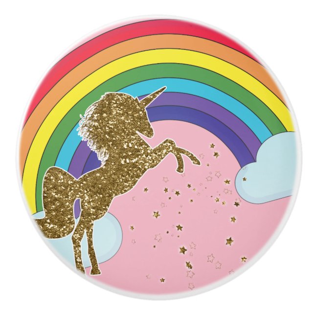 Retro Unicorn Rainbow & Guld Stars Girls Knopp (Framsidan)