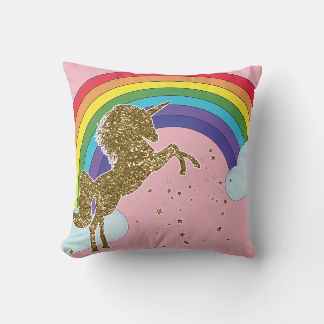 Retro Unicorn Rainbow & Guld Stars Girls Kudde (Framsida)