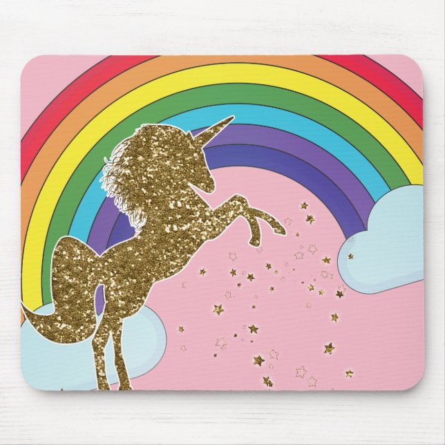 Retro Unicorn Rainbow & Guld Stars Musmatta (Framsidan)