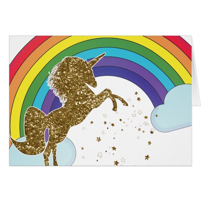 Retro Unicorn Rainbow & Guld Stars Tack OBS Kort (Framsidan Horizontal)