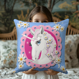 Retro Unicorns och Daisy Mönster på Blue Kudde