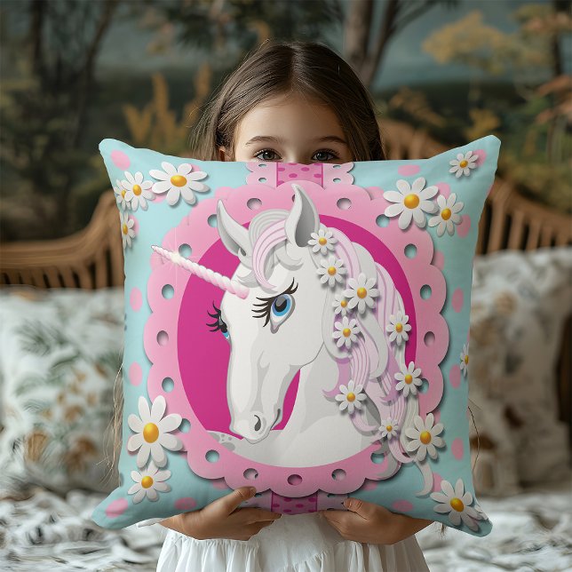 Retro Unicorns och Daisy Mönster på Blue Kudde (Skapare uppladdad)