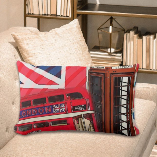 Retro Union Jack London Buss röd telefonduk Lumbarkudde (Retro Union Jack London Bus red telephone booth Lumbar Pillow)