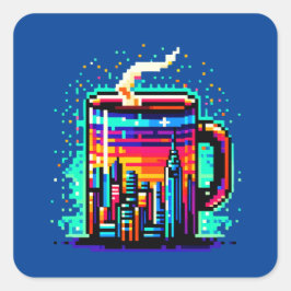 Retro Urban 8-bitars City Coffee Mugg Fyrkantigt Klistermärke