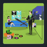 Retro Urban - koppel Fyrkantig Klocka<br><div class="desc">Den här Retro Urban-Tecknaden Couple Wall Clock har tecknaden teckning i en elegant dekorerad lägenhet, som bortser från en stadskylin. I lägenheten finns en grönt golv och en grönt tegelvägg. På väggen finns fyra klassiska Kanvastryck av filmregissören Martini, som också finns i Zazzle-butiken av StrangeLittleOnion (tips, tips!). Tre av utskrifterna...</div>