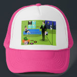 Retro Urban Tecknad par Truckerkepsar<br><div class="desc">Den här Retro Urban-Tecknaden par-Truckerkepsen har tecknaden teckning i en elegant dekorerad penthouse-lägenhet, som bortser från en stadskylin. I lägenheten finns en grönt golv och en grönt tegelvägg. På väggen finns fyra klassiska Kanvastryck av filmregissören Martini, som också finns i Zazzle-butiken av StrangeLittleOnion (tips, tips!). Tre av utskrifterna har turkobakgrunder...</div>