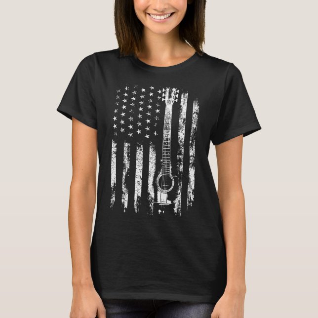 Retro Us Flag Acoustic Guitar Distressed Patriotic T Shirt (Framsida)