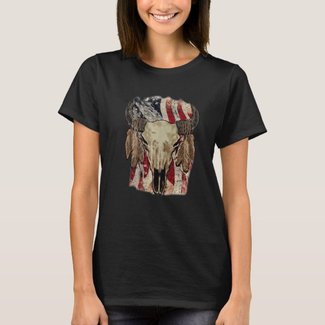 Retro Us Flagga Boho Skull Westerna Land Cowgirl W T Shirt (Framsida)