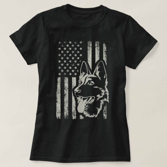 Retro US Flagga German Shepherd Hund Mammor juli 4 T Shirt (Design framsida)