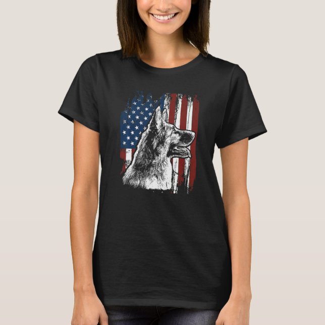 Retro Us Flagga Tysk Shepherd Hund Mamma juli 4:e  T Shirt (Framsida)