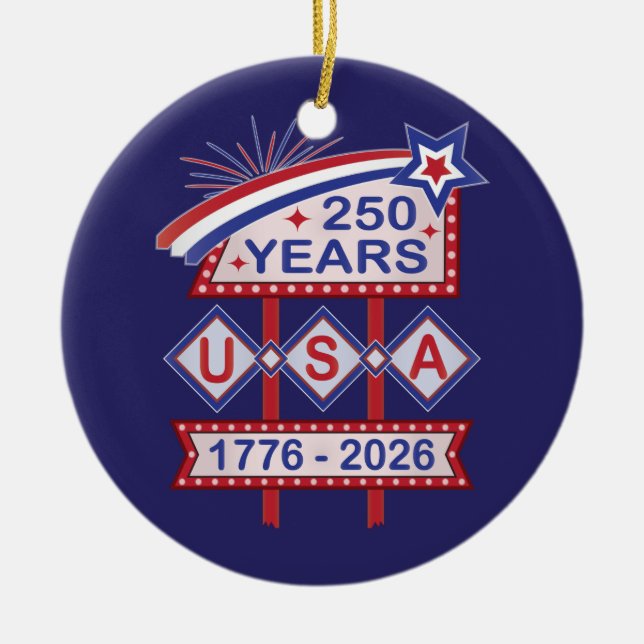 Retro USA 250th Anniversary Marquee Sign 1776-2026 Julgransprydnad Keramik (Framsidan)