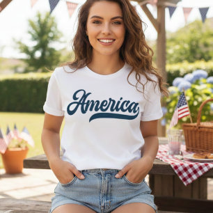 Retro USA i dekorativt marint blått skript T Shirt
