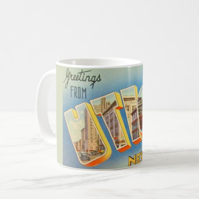 Retro Utica New York välkomstmugg Kaffemugg (Framsida vänster)