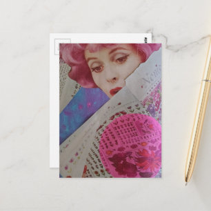 Retro Vacker Rosa Hår Dam Mixed Media Collage Vykort