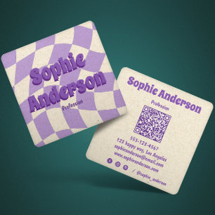 Retro Vågig Lila Rutigt Mönster med QR-kod Fyrkantigt Visitkort