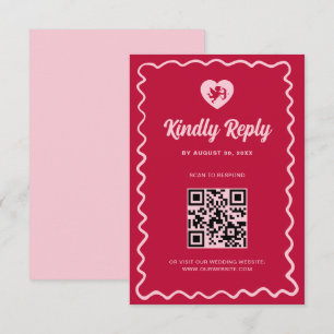 Retro Vågig Ram Röd Rosa Cupid Bröllops QR-kod OSA Kort