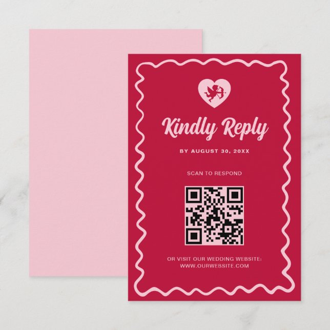 Retro Vågig Ram Röd Rosa Cupid Bröllops QR-kod OSA Kort (Fram/baksida)