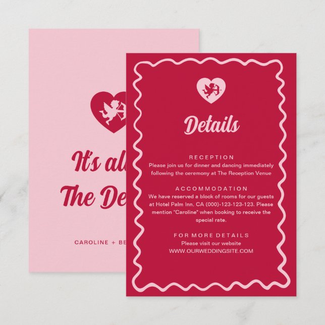 Retro Vågig Ram Röd Rosa Cupid Bröllopsdetaljer Tilläggskort (Fram/baksida)