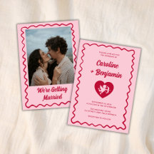 Retro Vågig Ram Röd Rosa Cupid Hjärta Bröllop