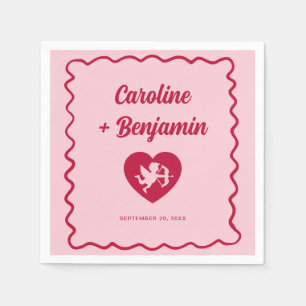 Retro Vågig Ram Röd Rosa Cupid Hjärtat Bröllop Pappersservett